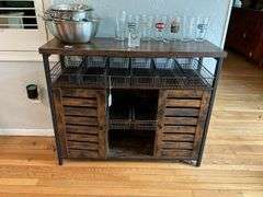 Metal and wood side cabinet w/ wire basket storage - no contents 39.5x14x32