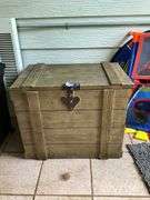 Wooden storage chest w/ boots contents 25x16x20