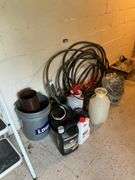 Weed killer, sprayers, flowerpots, garden hose, misc