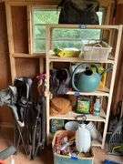 Shelf unit w/ lawn/garden supply contents, tool bag, folding chairs