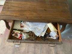 Turn-of-the-century library table w/ drawer in apron, sawn cabriole legs. Contents of drawer included  36x24x29