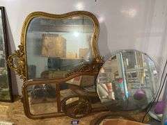 Mirrors lot: gilt Rococo framed, triple buffet mirror, round beveled, oval elephant frame