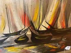 MCM mid-century sailboat painting 40 x 28, and seagulls wall plaque