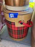 Vintage Scotch cooler, vintage picnic jug, folding camp stool