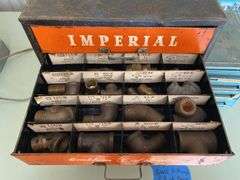 Vintage Imperial Brass Fittings advertising store cabinet w/ contents, and other cabinet w/ contents
