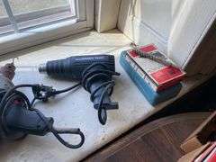 Miter box, hand saws, large lot of hand and power tools, hardware