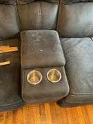 Gray double power recliner w/ central cup holders & USB jacks, 6 ft wide - no contents