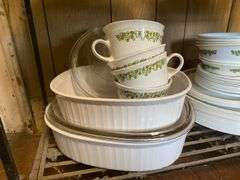 Vintage Pyrex bowls, Corning bakeware, and Corelle dinnerware