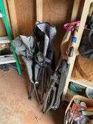 Shelf unit w/ lawn/garden supply contents, tool bag, folding chairs