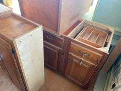 Oak finish base and top cabinets 36x18x24, 43x24x34.5, (2) 60x12x42, 18x12x42, 14x12x42, 30x12x36, 23.5x23.5x42, 54x24x35 - no contents