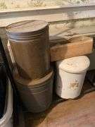 Garment rack, plasticware, tins, curtain rods, buckets, misc