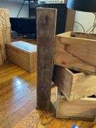 Wood and iron bracket shelf, and various wooden boxes