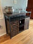 Metal and wood side cabinet w/ wire basket storage - no contents 39.5x14x32
