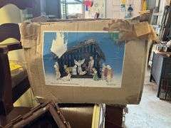 Vintage electric Christmas star, Nativity set w/ stable and box, wire glove stretchers, vinyl tablecloth