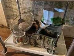 Vintage 3-tier utility cart and contents: vintage dishes and glassware, planters