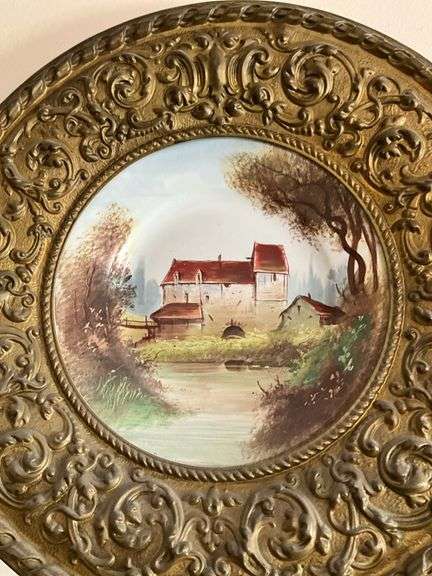 Scenic handpainted plate in brass repousse frame mount