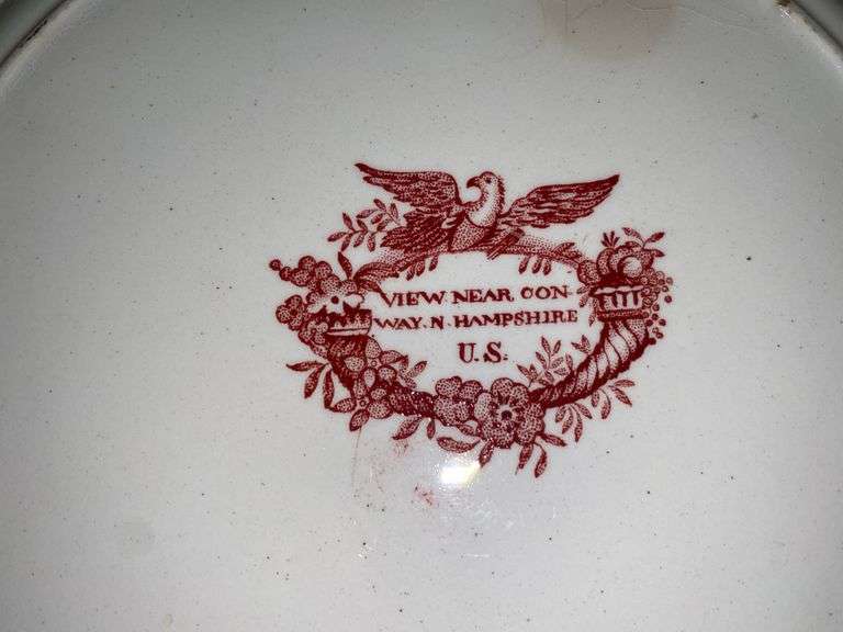Contents of shelf: red Historical Staffordshire transfer printed View Near Conway NH pattern plates