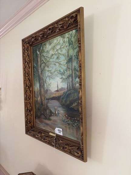 Naive painting, landscape w/ tiny figures, titled English Country Side, in gilt frame 22.5x28.5
