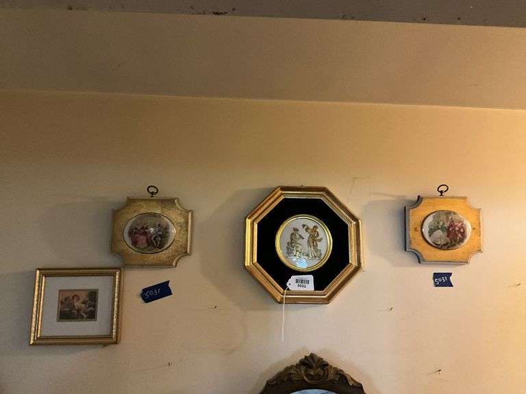 Five wall hangings: framed prints and plaques