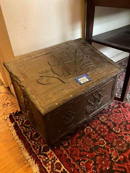 Ship motif brass repousse covered kindling box w/ tin liner, and contents