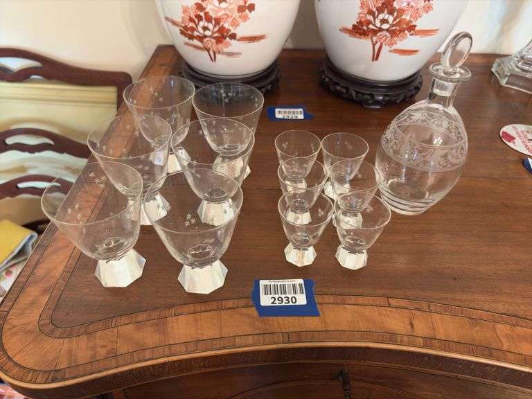 MCM Quartzex Star Dust engraved glasses, and etched decanter