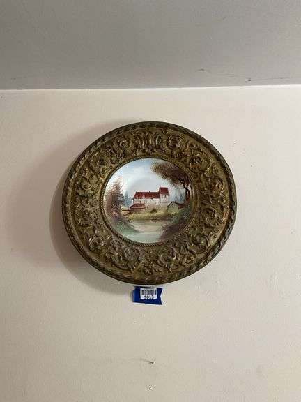 Scenic handpainted plate in brass repousse frame mount