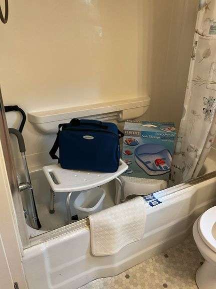 Contents of bathtub, bracket shelf w/ contents, Anne Geddes print