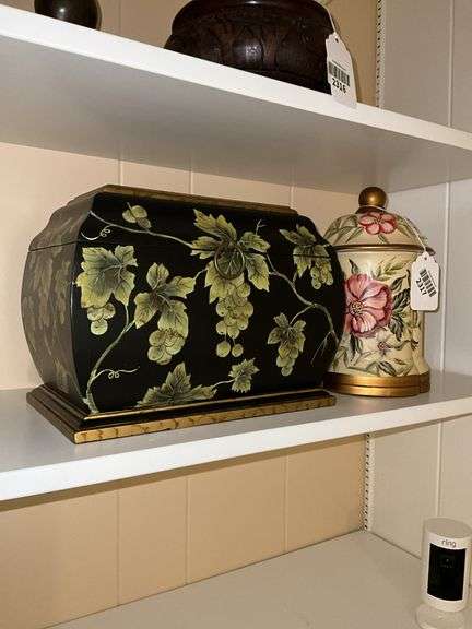 Decorative box w/ grapes decor, and floral covered jar
