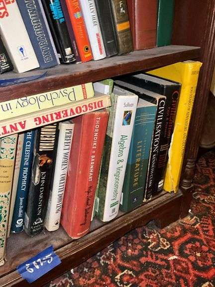Book contents of three shelves: history, short stories, National Geographics, misc