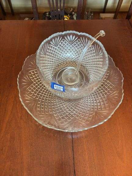 Pineapple and Fan pressed glass punch bowl and under tray w/ ladle