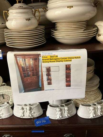 Brandt mahogany corner cupboard, molded cornice over two glazed doors, drawer and cabinet base - no contents - MUST COME DURING LAST 2 HOURS OF PICKUP FOR THIS ITEM