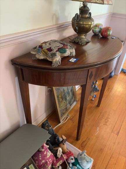 Demi-lune game table w/ inlaid diamonds, tapered legs - no contents 41x18x30