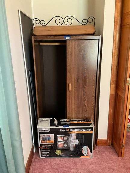 Wardrobe cupboard, wire/wood bracket shelf, Homedics massage cushion in box30x24x59.5