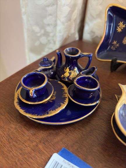 Cobalt and gold luster dish, ashtrays, and mini teaset w/ Limoges/France marks