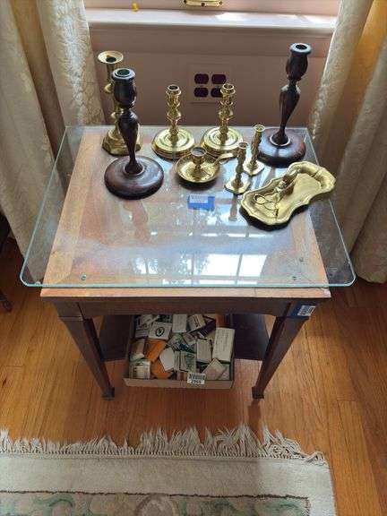 2-tier stand w/ inlaid top, and protective glass top - no contents 20x20x25