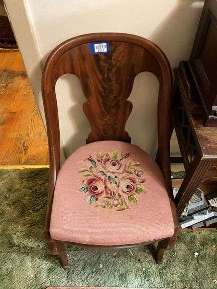 Mahogany gondola chair w/ needlepoint seat