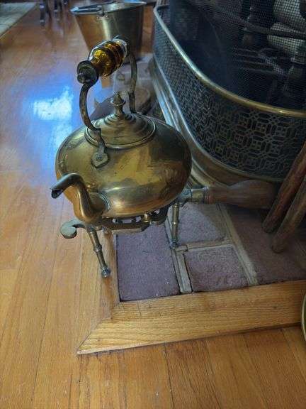 Brass teakettle w/ amber glass handle, and brass kettle stand