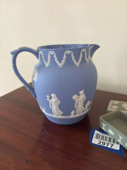 Blue Wedgwood jasperware pitcher, and green jasperware box