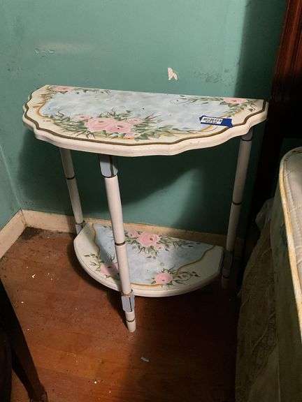2-tier demi-lune stand w/ handpainted rose decor 22x11x24