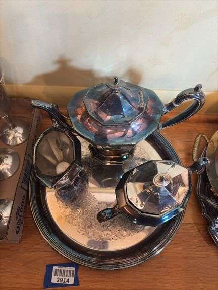 Silverplated teaset, Revere bowl and serving pcs, pewter goblets, bowls