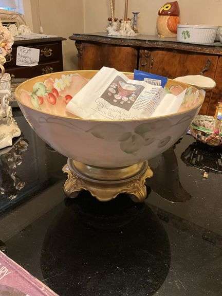 Limoges porcelain punch bowl handpainted w/ cherries and blossoms, w/ separate porcelain base