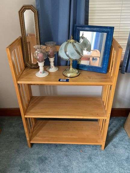 Folding shelf unit and contents: mirrors, touch lamp, candleholders27.5x12x38