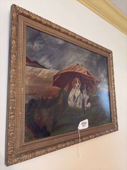 Primitive painting, dogs under umbrella, gilt frame 20x26