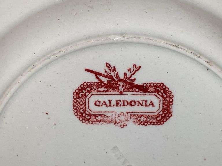 Contents of shelf: red Staffordshire transfer printed china platter, plates, cup/saucer, including Caledonia pattern