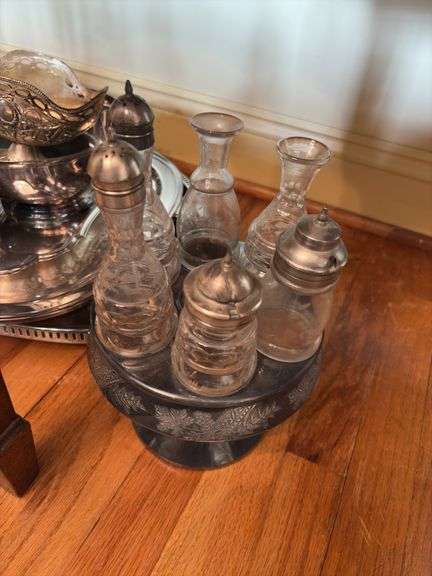 Silverplated tray and serving pcs, and Victorian table castor w/ bottles - missing handle