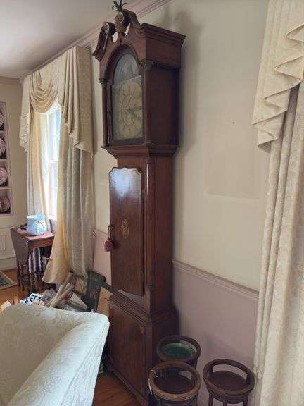 JOHN WESTON/ WOLSINGHAM tall case clock, brass face w/ rocking ship movement, case has inlaid stringing and details, ogee bracket feet 20x10x91