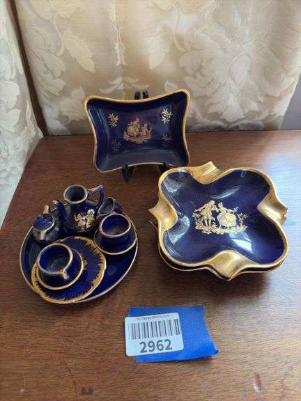 Cobalt and gold luster dish, ashtrays, and mini teaset w/ Limoges/France marks