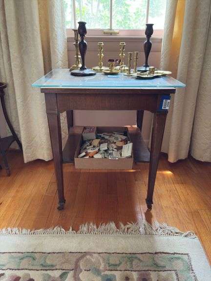 2-tier stand w/ inlaid top, and protective glass top - no contents 20x20x25