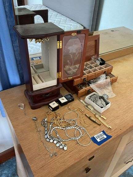 Jewelry cabinet, jewelry box and contents: wrist watches, costume jewelry, fancy buckles