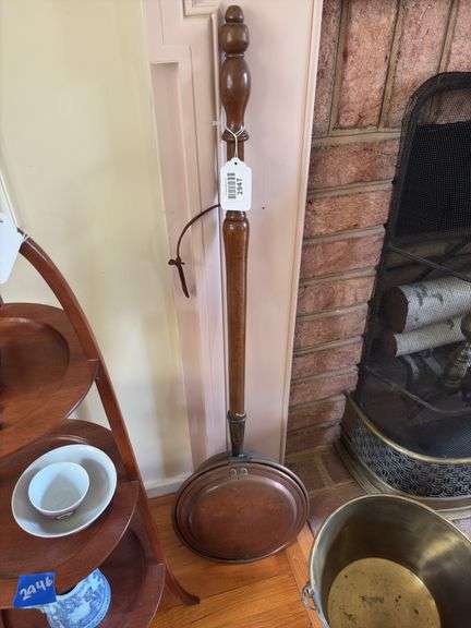 Copper bed warmer w/ engraved lid, wooden handle
